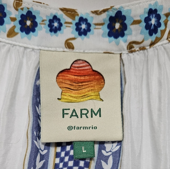 FARM Rio Blue and White Floral Womens Ana Tapestry Ruffle Blouse Size L - Picture 11 of 16